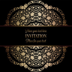 Vintage baroque Wedding Invitation template with damask background. Tradition decoration for wedding. Vector illustration in black and gold