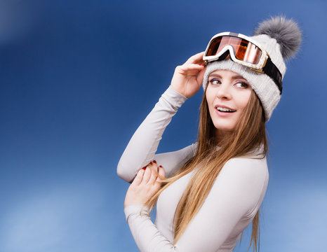 woman in thermal underwear ski googles