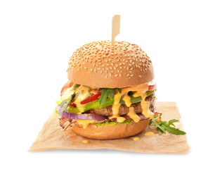 Tasty burger with bacon, isolated on white