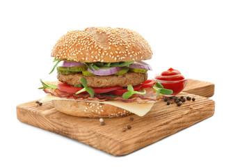 Board with tasty bacon burger, isolated on white