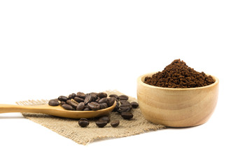 fresh roast coffee bean with beans powder on white background