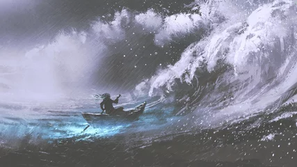 Keuken spatwand met foto man die een magische boot roeit in stormachtige zee met schurkengolven, digitale kunststijl, illustratie, schilderkunst © grandfailure
