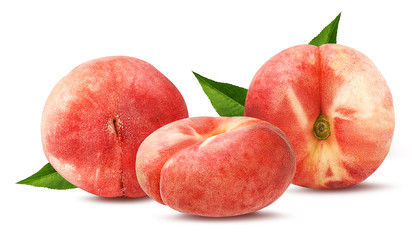 Three chinese flat donut peaches with leaf isolated on white with clipping path
