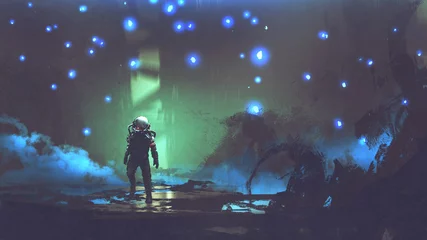 Foto op Aluminium the astronaut walking in a fantastic forest with glowing spores floating around in the air, digital art style, illustration painting © grandfailure
