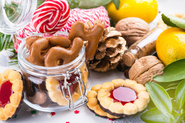 Christmas cookies on festive decorated background