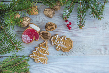 Obraz na płótnie Canvas various christmas decorations, cookies, mandarins, canela, aples, nuts top view