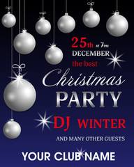 Template poster invitation Christmas party and New Year with silver balls. Holidays flyer design. Vector