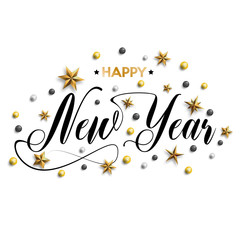 Naklejka premium Happy New Year inscription decorated with gold stars and beads. Vector illustration.