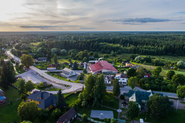 Aerial view of catholic church at sunset. Beautiful sunset at countryside. 