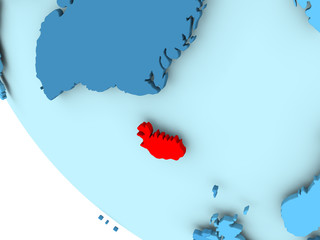 Iceland on blue political globe
