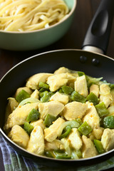 Chicken with green bell pepper and onion in mustard cream sauce in frying pan, photographed with natural light (Selective Focus, Focus in the middle of the dish in the pan)