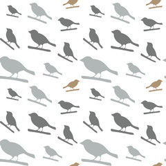 Birds pattern. Vector seamless pattern with hand drawn silhouettes of birds on a tree branch.