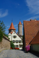 Street view of Dinkelsbuhl, one of the archetypal towns on the German Romantic Road with traditional frameworks ( Fachwerk ) house. Germany