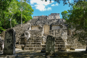 Steps of the pyramid stairs. Structure of 1  in the complex rises over the jungle of Calakmul, Mexico