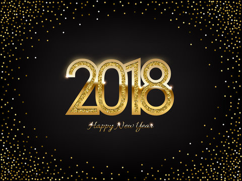 Vector New Year illustration. 2018 golden New Year sign on golden holiday background. 