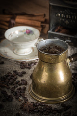 Turkish coffee in copper coffe pot