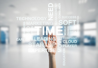 Concept of modern business with palm choocing on of keywords for