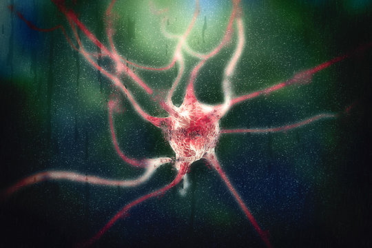 Dementia conceptual image, 3D illustration showing destroying neuron with blurred parts behind wet glass window