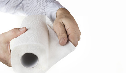Kitchen paper towel with hand on the white background.