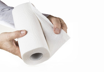 Kitchen paper towel with hand on the white background.