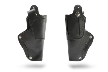 black leather belt holster isolated on white