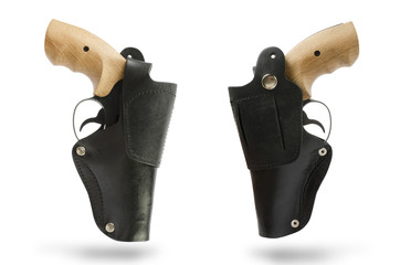 revolver in a leather black holster isolated