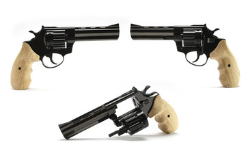 long-barreled revolver with a wooden handle isolated