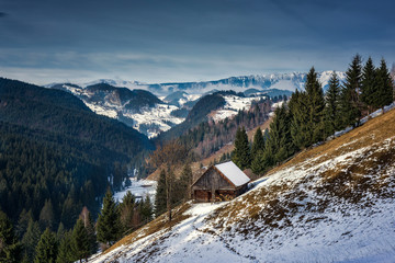 Fototapeta na wymiar Winter landscape in Carpathian Mountain.Bran, Romania
