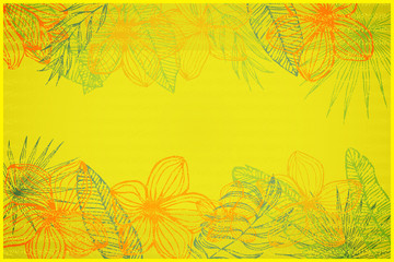 Fototapeta na wymiar shabby yellow copy space, framing from plumeria flowers and tropical leaves
