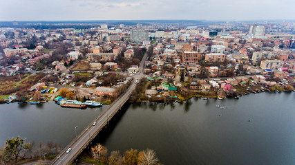 Aerial view of the river Southern Bug in the city of Vinnitsa.