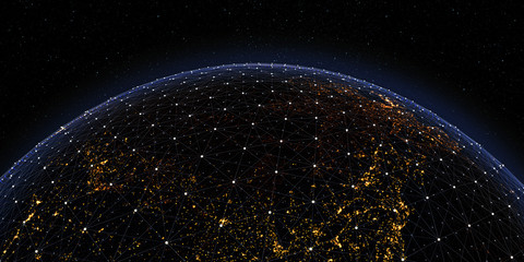 Global International Connectivity Background/Futuristic Technology  Theme Background with Light Effect. Connection lines Around Earth Globe