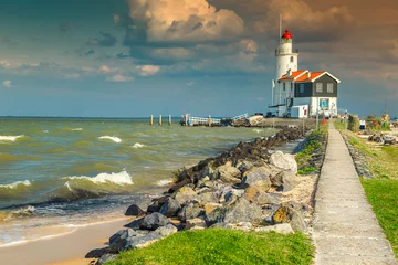 Sheer curtains Lighthouse Spectacular seascape with famous lighthouse in Marken, Netherlands, Europe