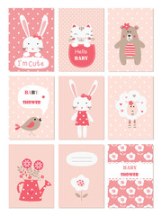 Set of baby cards with cute animals and flower elements