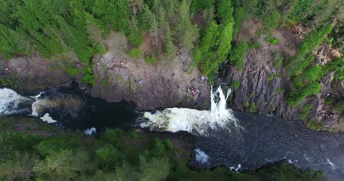 Top view at the Suna river stream channel with plain waterfall the Kivach in rocks. The Kivach is national park and reserve in Karelia, northern Russia