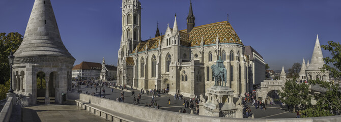 St. Matthias Church with Equestrian Statue of Saint Stephen and Fisherman Bastion, Budapest, Hungary