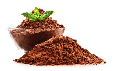 Composition with bowl of cocoa powder isolated on white