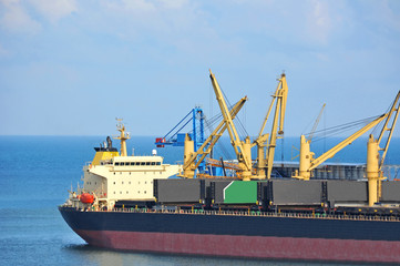 Fototapeta premium Bulk cargo ship under port crane