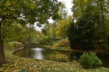 L'étang principal entouré de végétation luxuriante en automne au parc Josaphat à Schaerbeek 