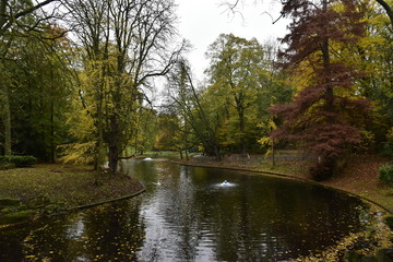 Fototapeta na wymiar L'étang principal entouré de végétation luxuriante en automne au parc Josaphat à Schaerbeek 
