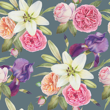 Floral seamless pattern with hand drawn watercolor irises, white lilies and roses