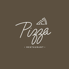 Pizza logo emblem vector inscription. Fastfood signboard. Handmade lettering