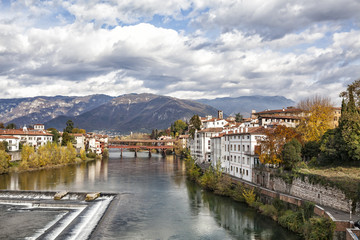 Bassano del Grappa with river Brenta and bridge Ponte Alpini