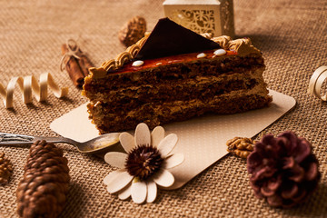 Slice of biscuit cake with chocolate