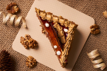 Piece of biscuit cake with chocolate