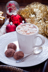 Fototapeta na wymiar Christmas Hot Chocolate with marshmallow, christmas cocoa