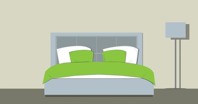 BedRoom animation modern interior. Cozy Hotel living Room.  Interior design Bed Room with furniture, bed, lamp and picture, 2D cartoon animation in 4K, Ultra HD format.
