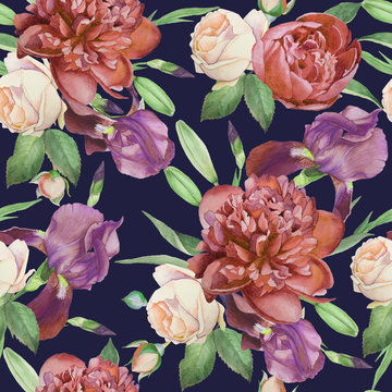Floral seamless pattern with hand drawn watercolor peonies, roses and irises