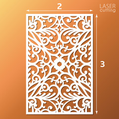 Laser cut ornamental panel with pattern. Template of wedding invitation or greeting card. Cabinet fretwork screen. Metal design, wood carving.