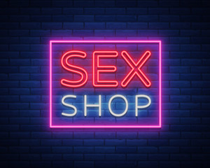 Sex shop logo, night sign in neon style. Neon sign, a symbol for sex shop promotion. Adult Store. Bright banner, nightly advertising. Vector Illustration