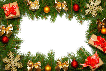 Obraz na płótnie Canvas Christmas background. Top view with copy space. fir tree with cone isolated on white background